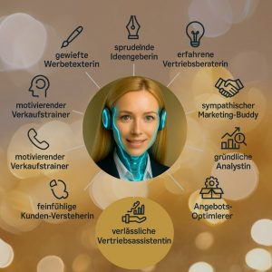 INITIAL-Akademie KI-Assistentin – Infografik mit 9 Rollen: Werbetexterin, Ideengeberin, Vertriebsberaterin, Marketing-Buddy, Analystin, Angebotsoptimierer, Vertriebsassistentin, Kunden-Versteherin und Verkaufstrainer